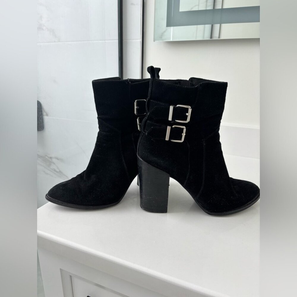 BCBG Black Suede Booties with Block Heel